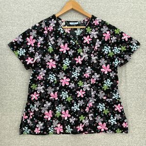 SB Scrub Top Womens Medium Black Floral Nursing Vet Medical Uniform Short Sleeve